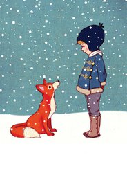 Whimsical greeting card featuring a young child and a red fox in a snowy winter scene. The card has a stylized, illustrated design with a playful, storybook-like aesthetic.
