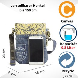Sunsa kleine Nachhaltige Umhängetasche.  Damen Schultertasche aus recycelte Jeans & Canvas ( Segeltuch). Handtasche Vintage retro Stil. Crossbody Tasche für Frauen.