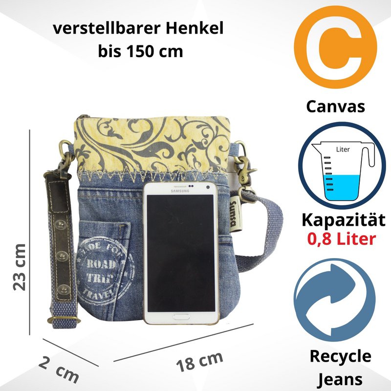 Sunsa kleine Nachhaltige Umhängetasche.  Damen Schultertasche aus recycelte Jeans & Canvas ( Segeltuch). Handtasche Vintage retro Stil. Crossbody Tasche für Frauen.