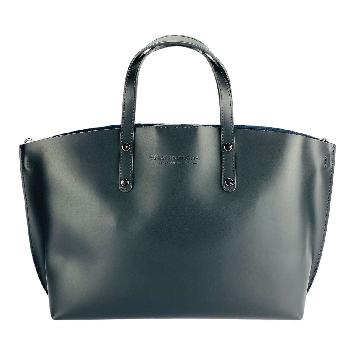 RB1024A | Damehåndtaske i ægte læder Fremstillet i Italien med aftagelig skulderrem. Stor indvendig aftagelig taske. Poleret gunmetal tilbehør - Sort farve - Mål: 48x31x11 cm