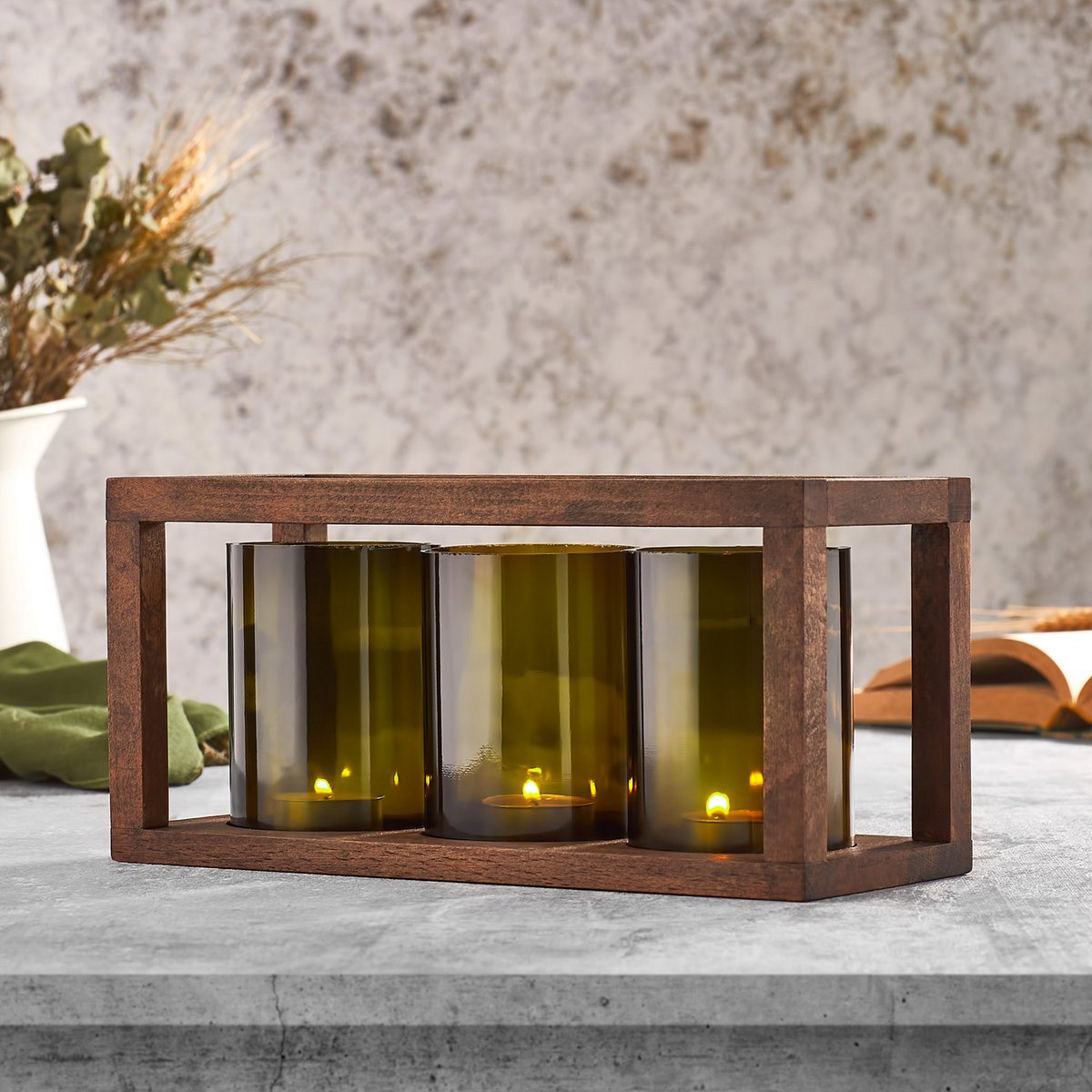 Świecznik Joy Kitchen na butelkę na drewnianym talerzu - zestaw 3 szt