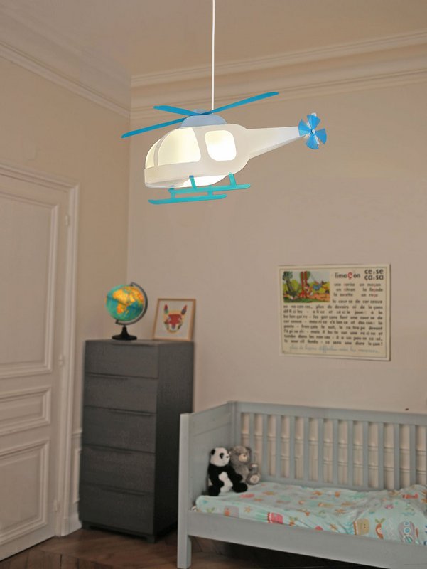 WHITE AND TURQUOISE HELICOPTER CHILD HANGING LAMP