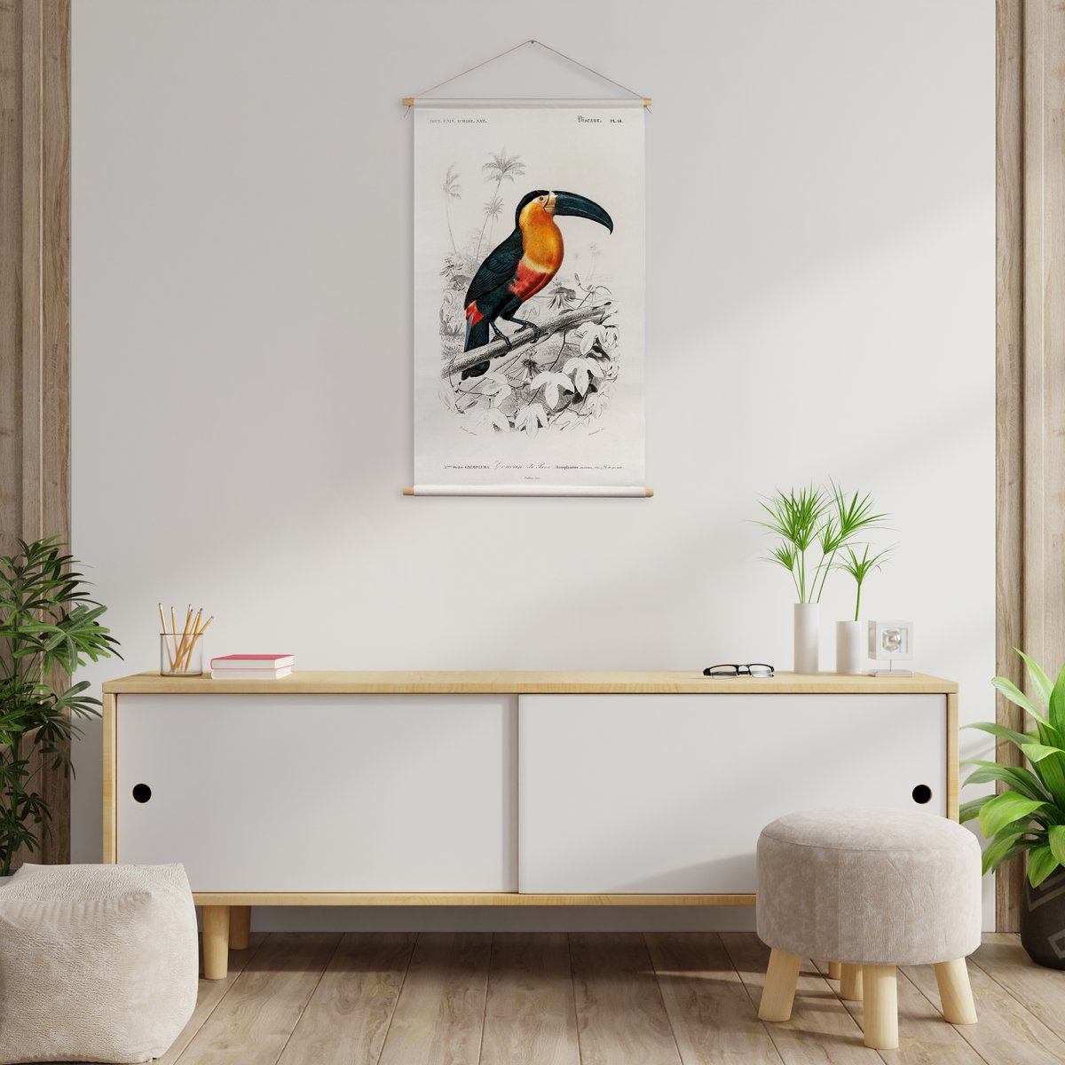 Póster textil con cordón de cuero - Ilustración Tucán D'Orbigny 65x45 cm - Tela de pared