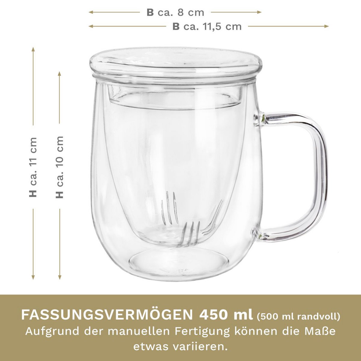 Creano Teeglas mit Sieb und Deckel 450ml