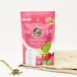 Organic loose leaf tea blend of maté, hibiscus, and lemongrass. Available in 70g and 1kg sizes for retail or bulk purchase.