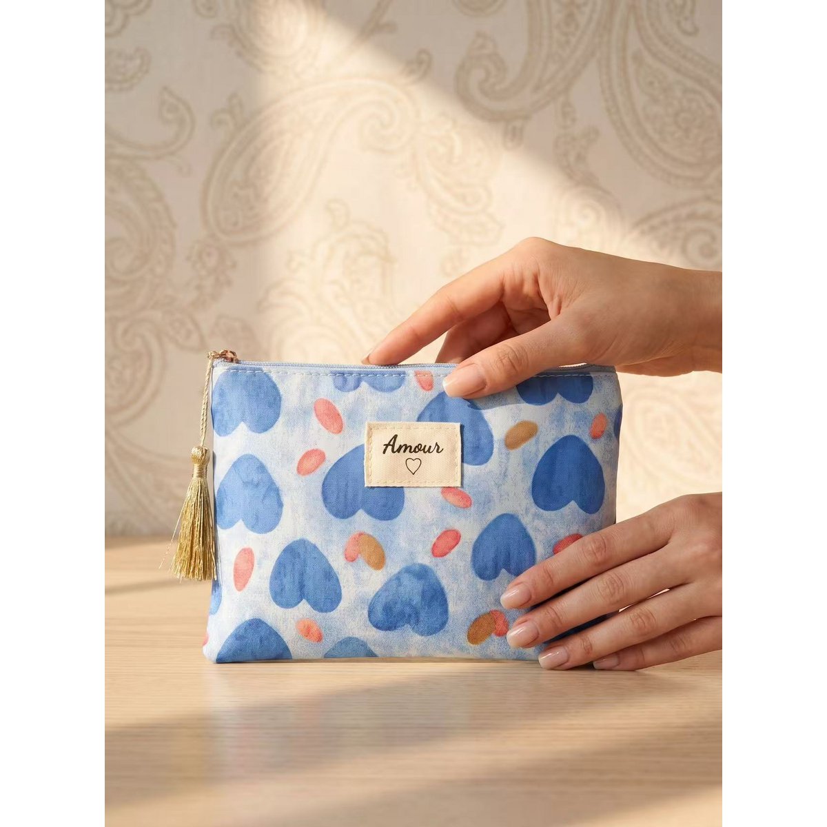 Toilettas etui 14x20 cm bedrukte harten Love gift pompon