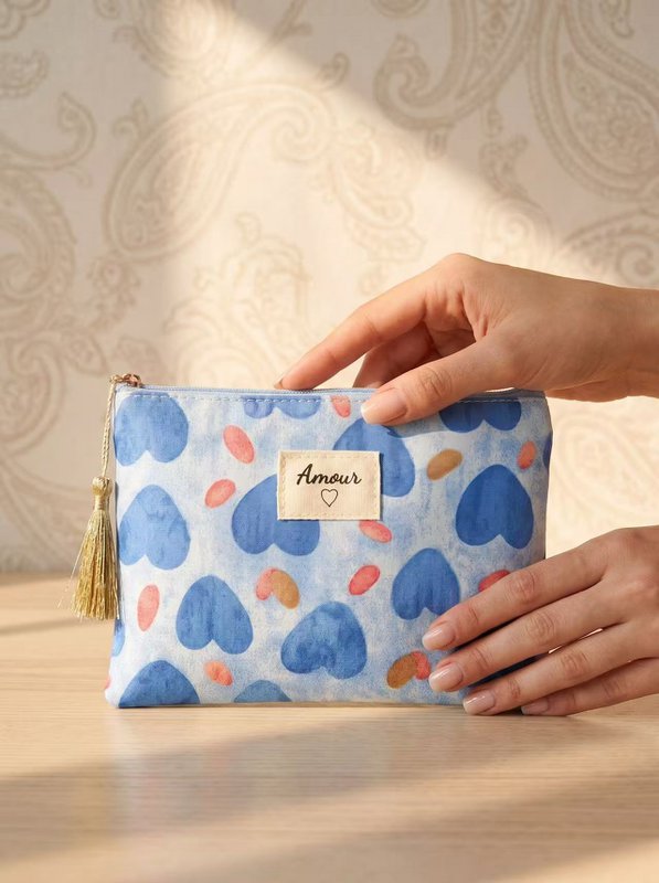 Toilettas etui 14x20 cm bedrukte harten Love gift pompon