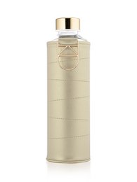 Tall, cylindrical glass water bottle with a golden cap and textured body. Suitable for everyday hydration.