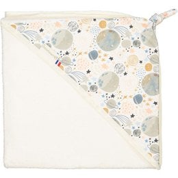 This bathrobe features a colorful, whimsical pattern with various shapes and designs, including clouds, planets, and floral elements. The robe is made of soft, absorbent material and is suitable for children.
