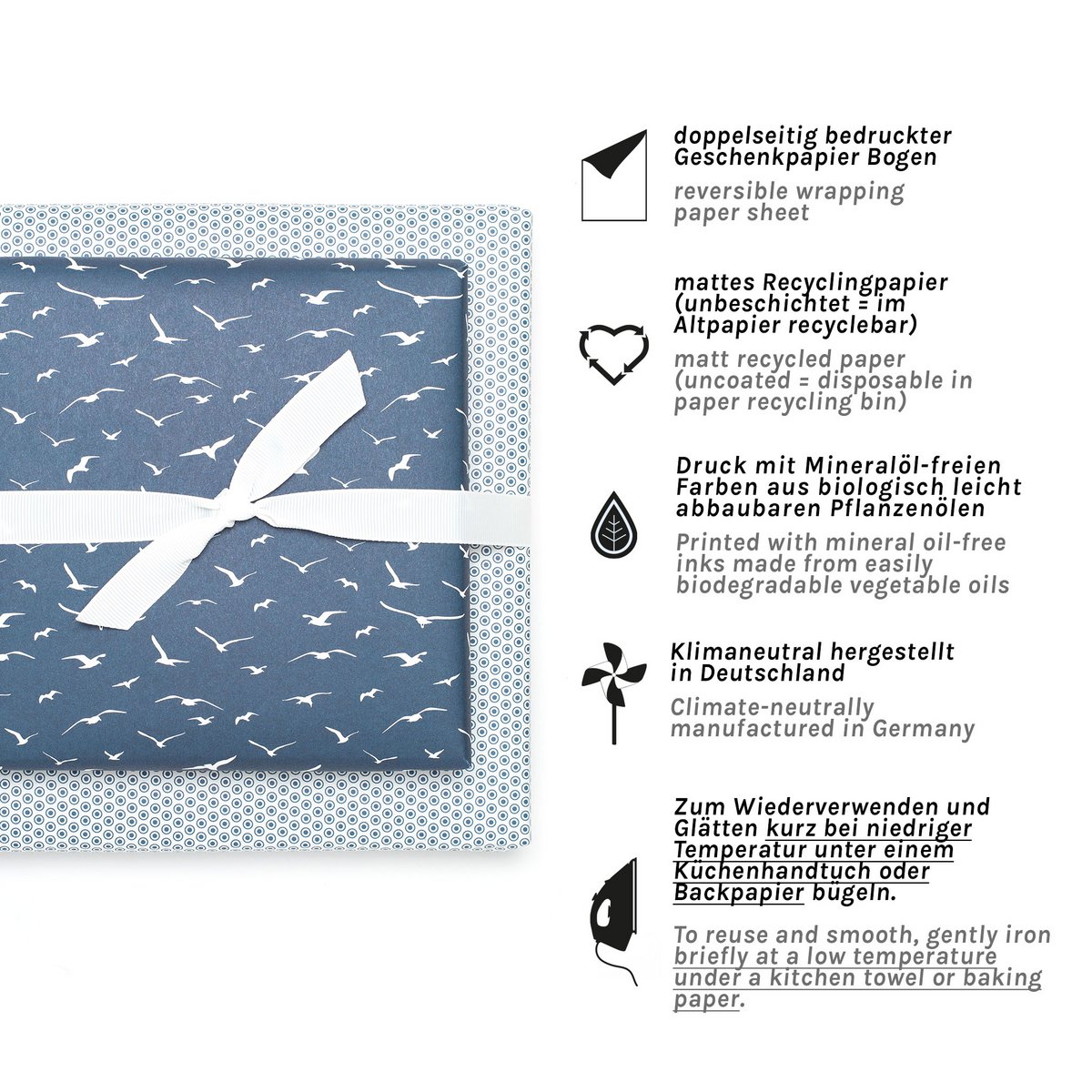 Bird wikkel papier blauw - maritiem inpakpapier met meeuwen, als een geschenkverpakking voor doop, communie of bevestiging