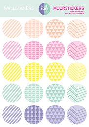 Colorful polka dot wall stickers in various pastel shades, including pink, yellow, blue, and green. The stickers can be used to decorate walls, creating a fun and playful design.