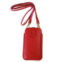 A red leather phone holder with a long strap, designed for carrying a smartphone. The holder features a simple, minimalist style and a compact size, making it convenient for everyday use.