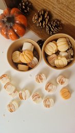 Sweet pumpkin and spiced pumpkin wax melts in a decorative box, featuring pumpkin-shaped wax pieces and pine cones.