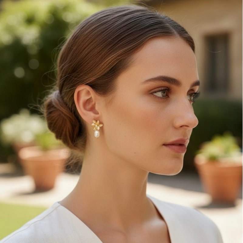 AMARILIS – 18k Gold Plated Flower Earrings with River Pearl | Handmade in Italy