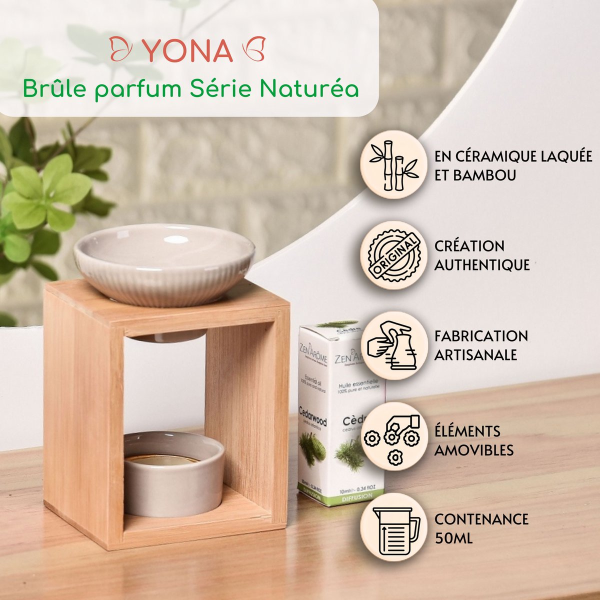 Podgrzewacz Perfum Seria Naturea - Yona - Bambus i Ceramika - Zdrowe Woski Zapachowe, Fondanty - Pomysł na Prezent