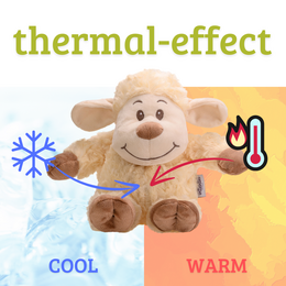 Soft, cuddly plush sheep toy in a large size, with a friendly, smiling expression and beige fur.