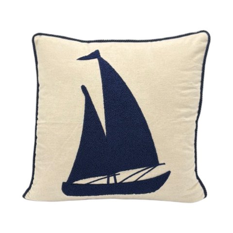 Decoratief kussen met punch -borduurwerk - Marine - zeilboot - 43 x 43 cm