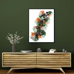 Vibrant abstract print featuring a dynamic arrangement of colorful shapes and textures, suitable for wall art in a modern home or office.