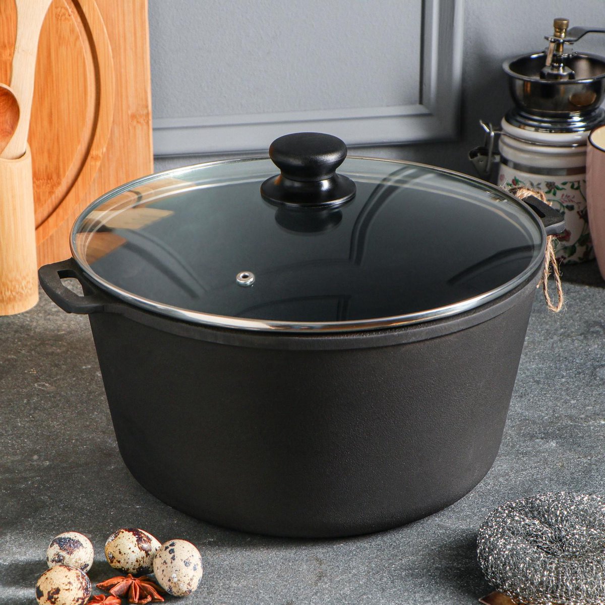 Padella frittura in ghisa - 5 litri - Adatto per l'induzione - coperchio in vetro - padella ghisa - padelle - casseruola - padella set - regalo - pfas gratis - matt black copy