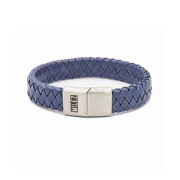 A stylish blue leather men's bracelet with a woven design and a metal clasp closure. Available in sizes S, M, L, and XL.