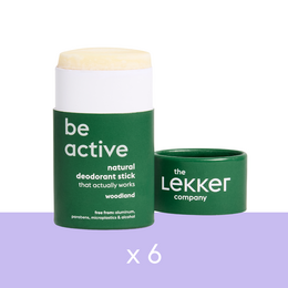 6 pack of green deodorant sticks labeled "The Lekker Company be active"