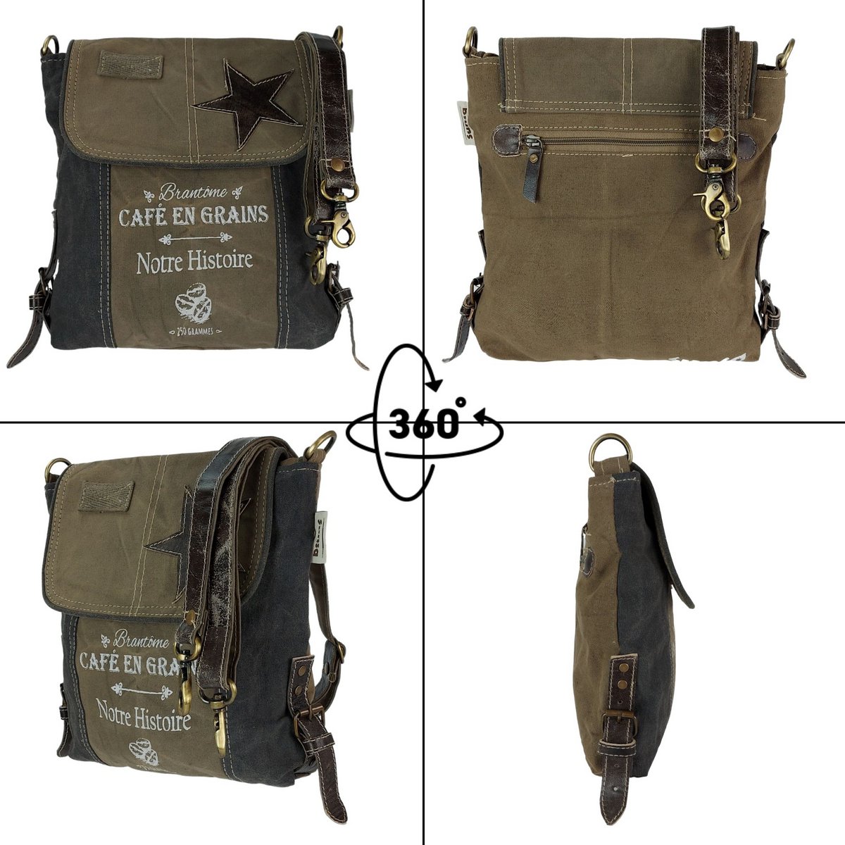 Sunsa dames schoudertas. Handtas gemaakt van canvas en leer. Schoudertas in vintagestijl. Grote crossbodytas voor dames.