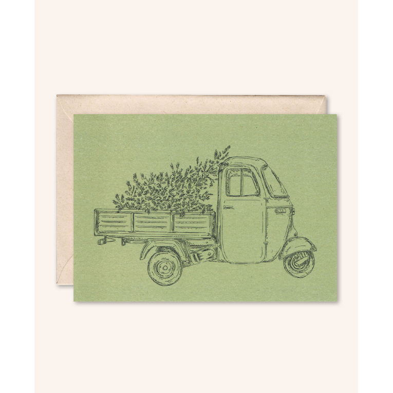 Duurzame kaart + envelop | Busje Ape Kerstboom | Rozemarijn