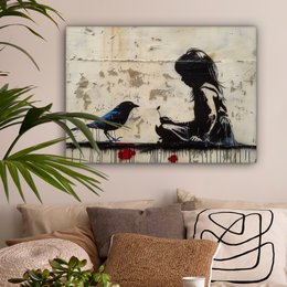 Canvas schilderij - Wanddecoratie Meisje - Street art - Vogel - Abstract - Graffiti - Modern - Muurdecoratie woonkamer - Kamer decoratie modern - Abstracte schilderijen