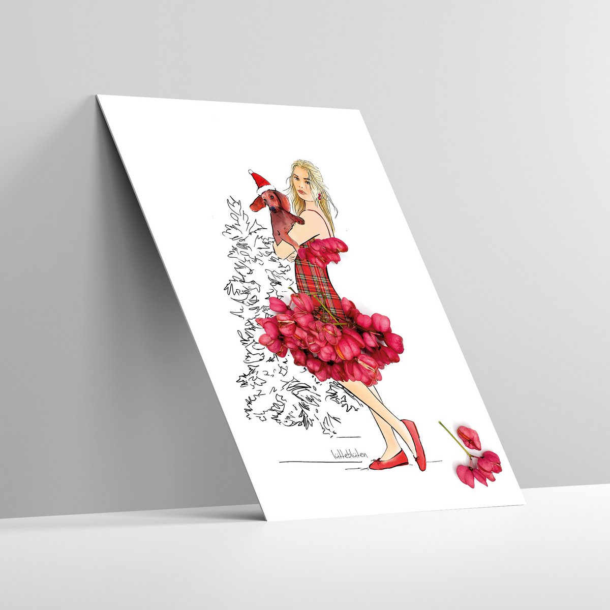 Tarjeta navideña «Dachshund & Blossom Skirt» – saludos florales con encanto