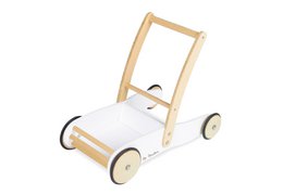 White wooden learning walker toy with a cute plush sheep figure, designed to help develop a baby's motor skills and coordination.