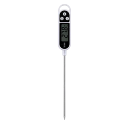  Digital thermometer for food temperature measurement. Compact and easy-to-use design with LCD display showing current temperature.