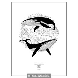 Poster featuring dancing humpback whales in a circular design. Black and white illustration with a minimalist, dotted style.