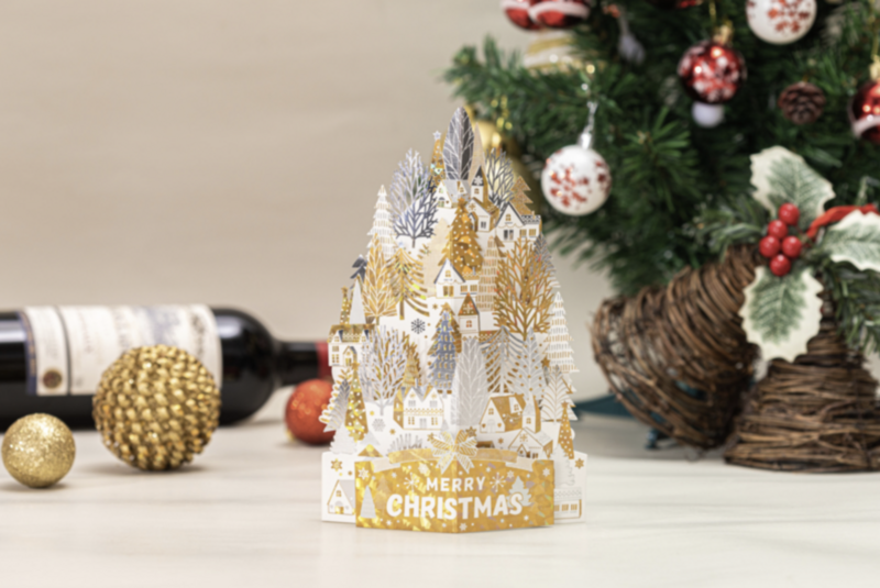 3D Pop up Christmas card gold white houses on a snow hill