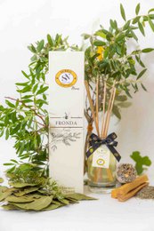 Fragrant reed diffuser with green leaf design, featuring a warm, earthy scent.