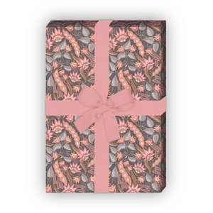 4 small sheets: Elegant retro floral wrapping paper with blossoms, also for weddings, baptisms, pink grey