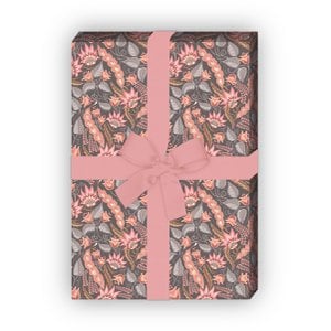4 small sheets: Elegant retro floral wrapping paper with blossoms, also for weddings, baptisms, pink grey