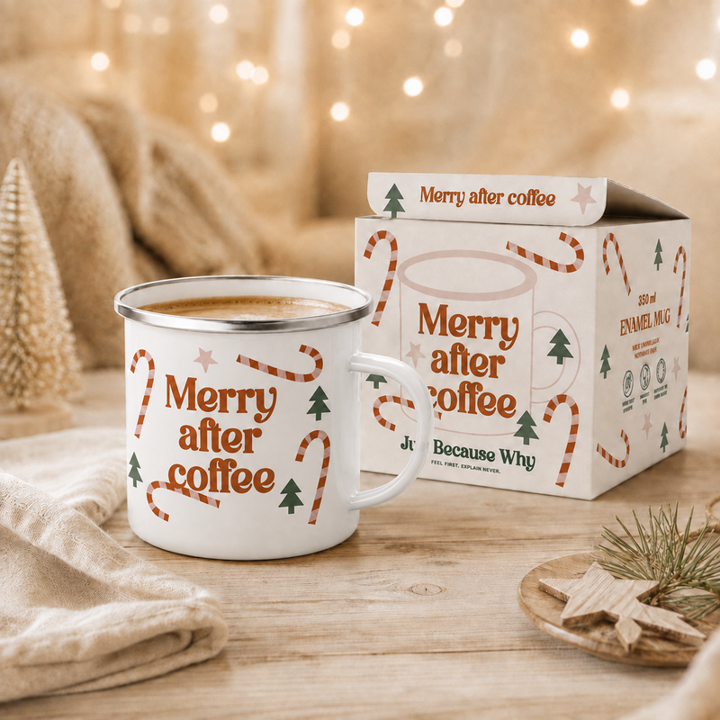 Weihnachtliche Emaille-Tasse. Fröhlich nach dem Kaffee