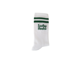 White socks with green and white stripes, labeled "Lucky Socks"