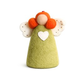 Lime green felt angel with white heart, orange pom-pom hair, cream wings, decorative holiday ornament.