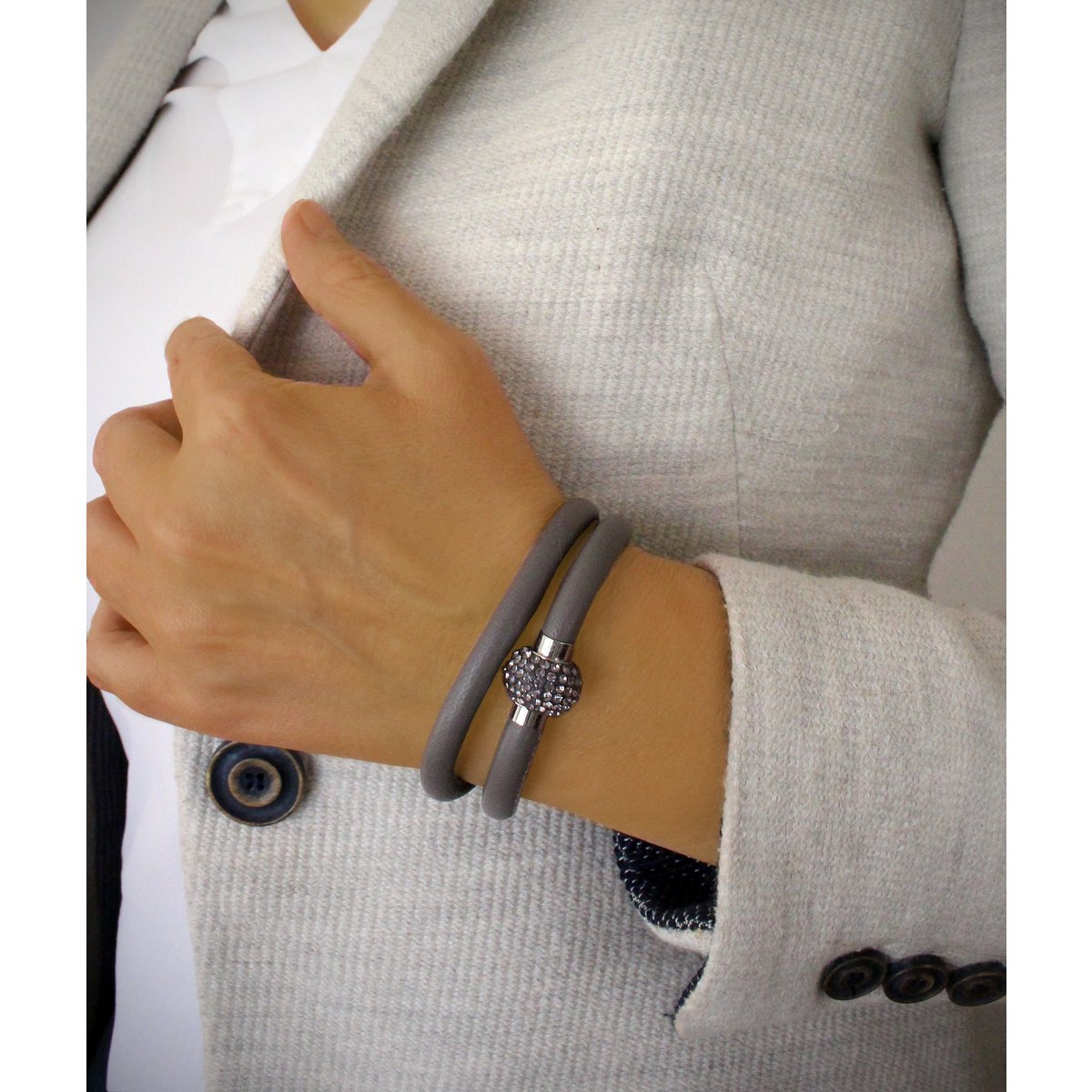 Grey double wrap leather bracelet with crystals