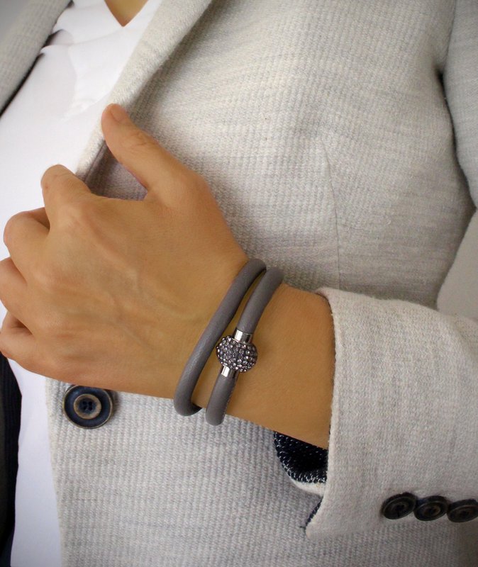 Grey double wrap leather bracelet with crystals