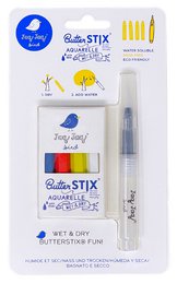 Assorted set of watercolor paint brushes and chalk sticks in various colors, suitable for arts and crafts projects.