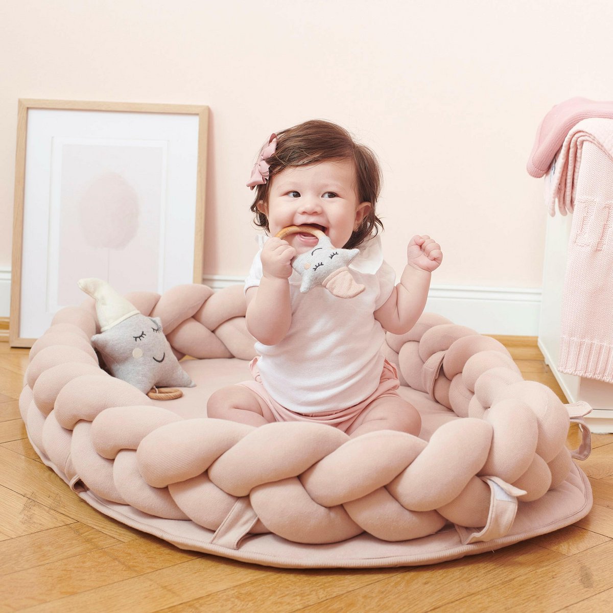 Cadeau couverture bébé baie + hochet rose