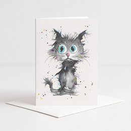  Whimsical cat-themed greeting card with envelope, featuring a playful, hand-drawn illustration of a wide-eyed, fluffy gray cat.