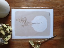 Minimalist poster featuring a delicate white vase with dried grasses. Neutral tones and simple design make this a versatile piece of sustainable art.