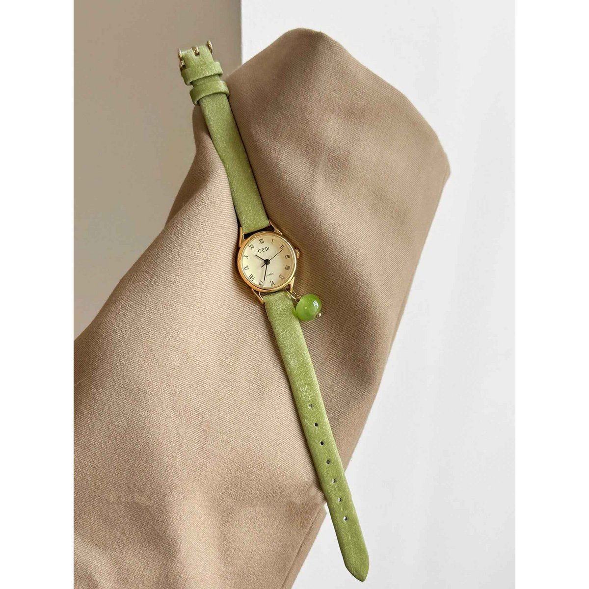 Pesto - Vintage groen leren dameshorloge