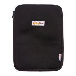 A black, rectangular pouch with a zipper closure and a small logo patch. The pouch appears to be designed for carrying or storing small items.