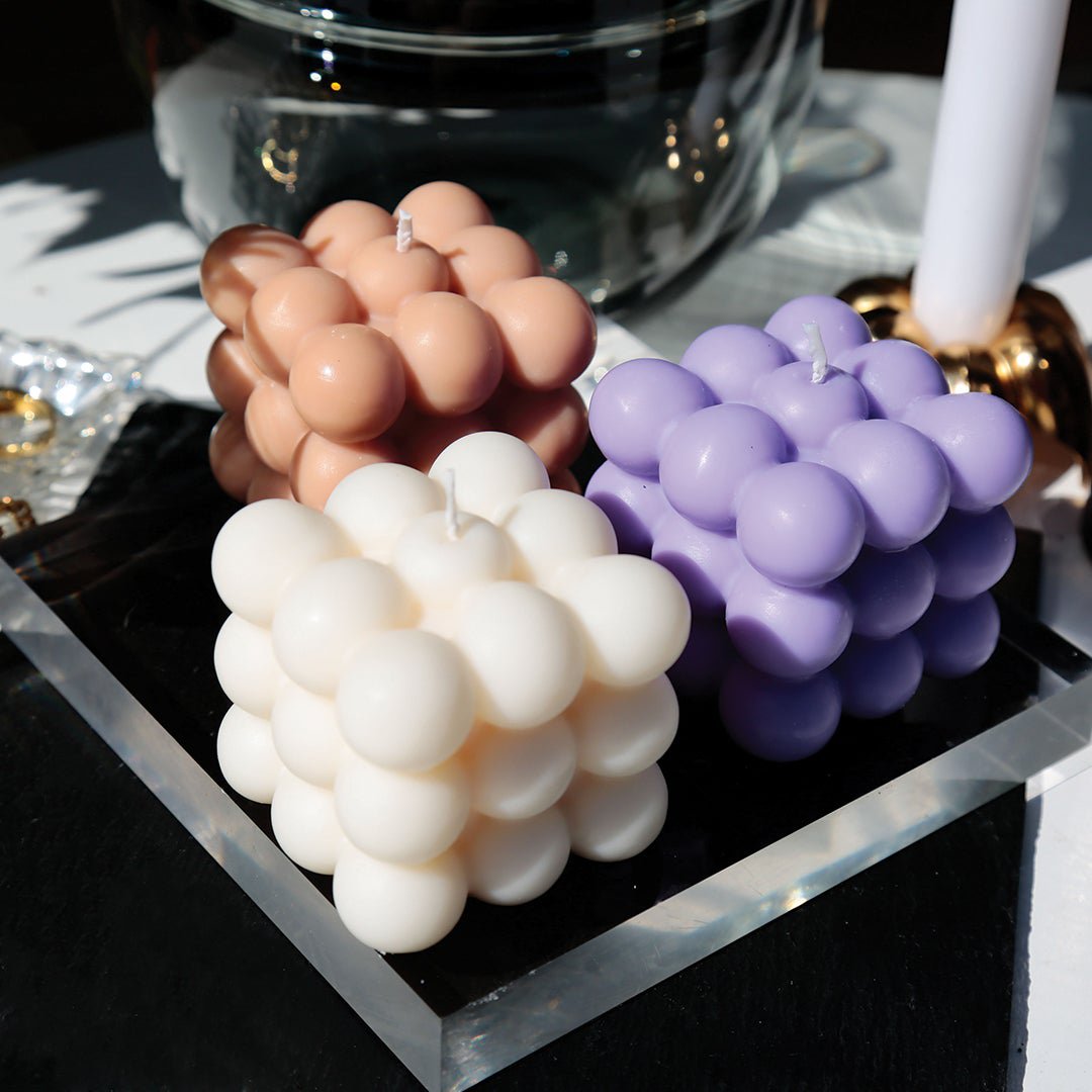 3er Bubble Candle Set creme, beige, lilla