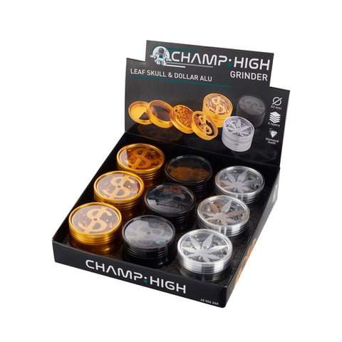 Display of 9 spice mills - Gold, Black and Silver