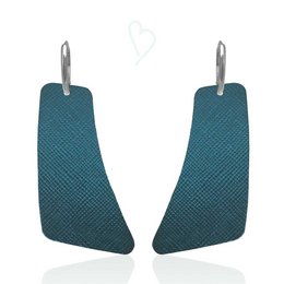 Leather earrings in dark blue color with a flair design, made of sterling silver with a gold plated finish.